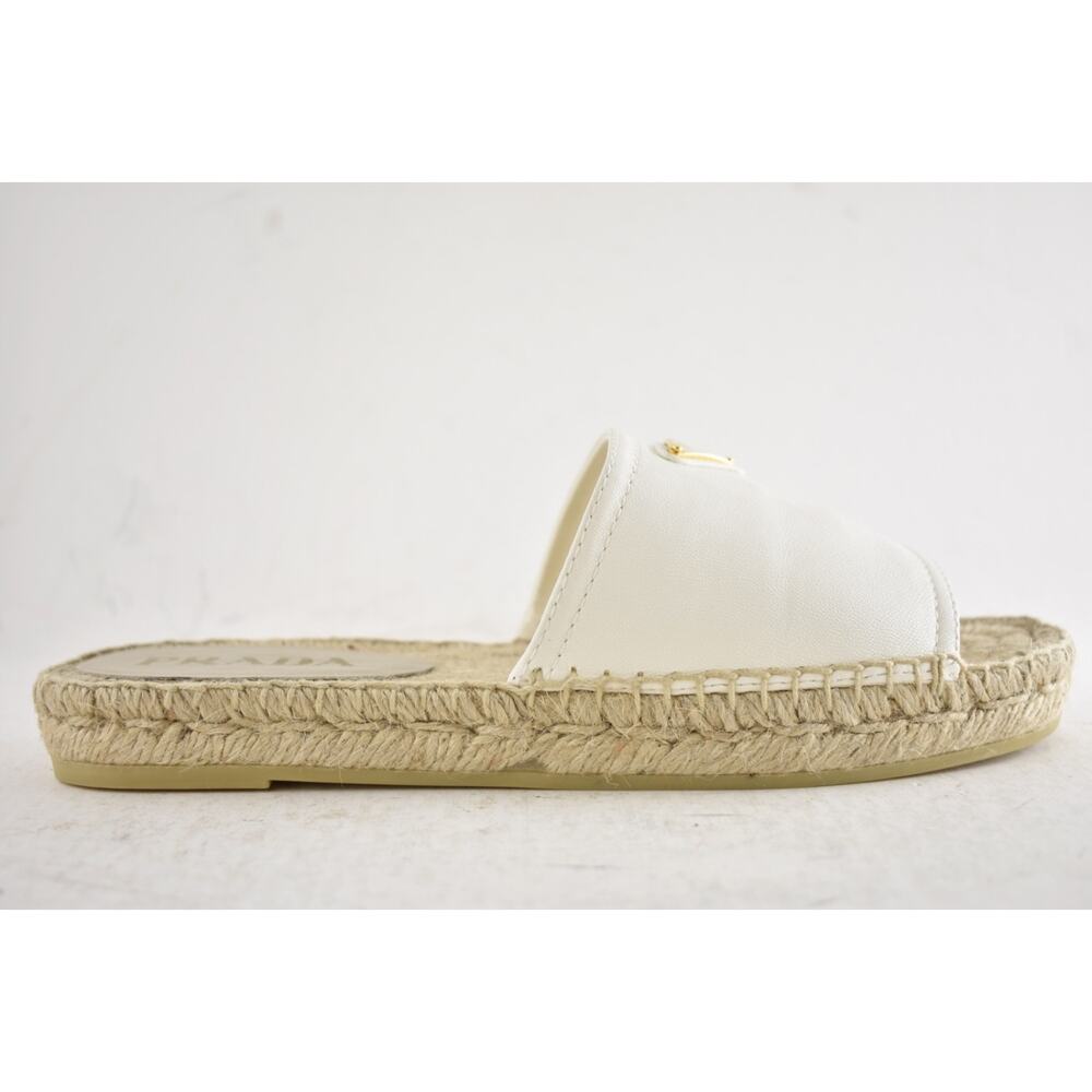 Prada Gold Triangle Logo Avorio White Leather Espadrille Slide Sandal Flat 37 - Picture 2 of 16